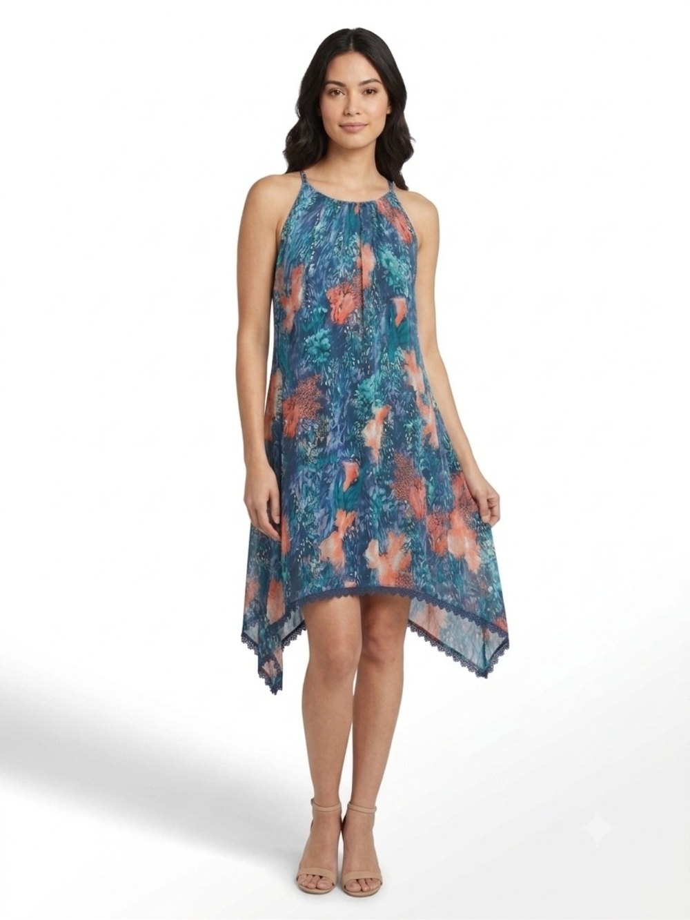 Old Navy Teal and Coral Halter Handkerchief-Hem Sundress